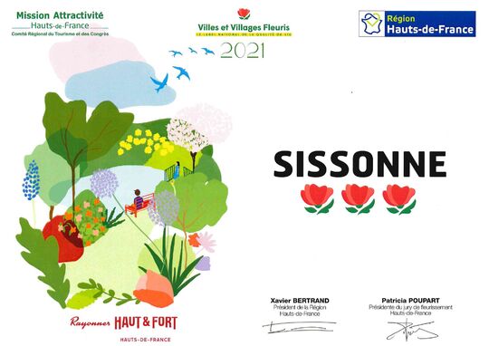 Diplôme de la Commune de Sissonne avec le label Villes et Villages fleuris "3 fleurs"