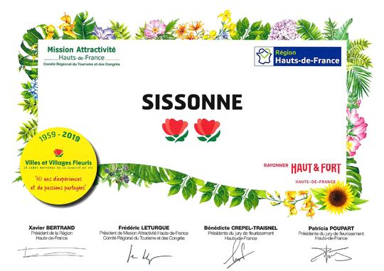 Diplôme de la Commune de Sissonne avec le label villes et villages fleuris "2 fleurs"